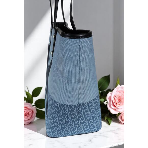 Michael Kors Carter Denim MK Open Tote Designer Logo print Large blue bag - Picture 6 of 12